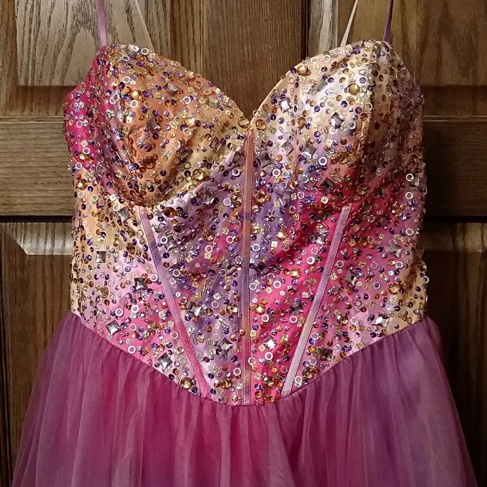 Jeweled Bodice Pastel Prom Dress with Corset Back - Picture 5 of 7